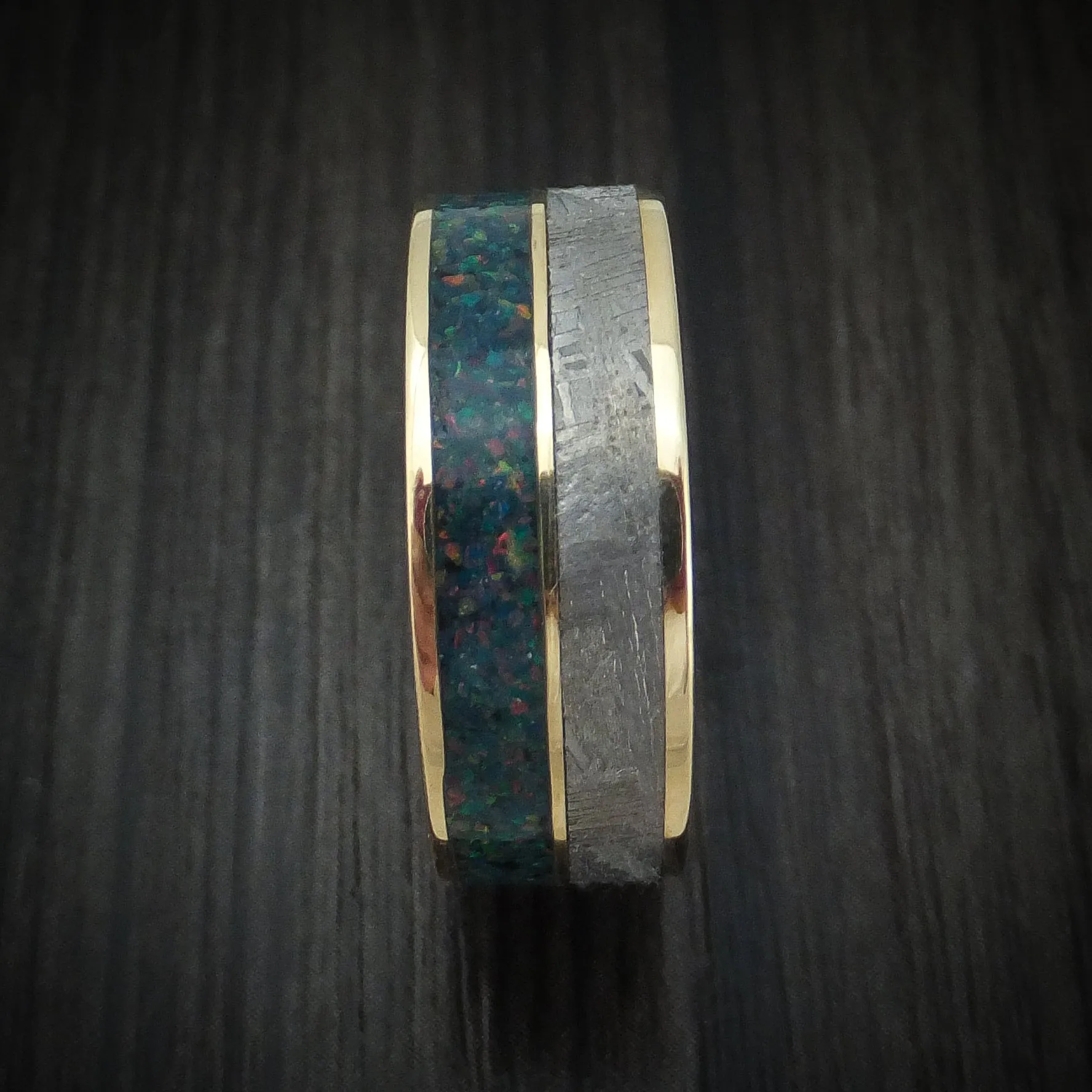 14K Gold and Meteorite Men's Ring with Opal Custom Made Band