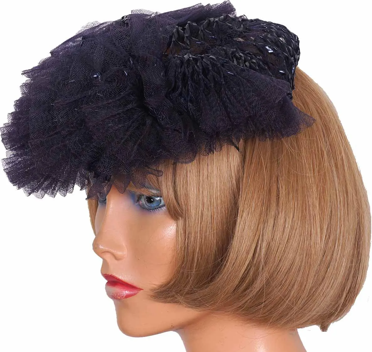 1930s Cocktail Hat by Kathleen New York, Dark Blue-Black Lacquered Straw