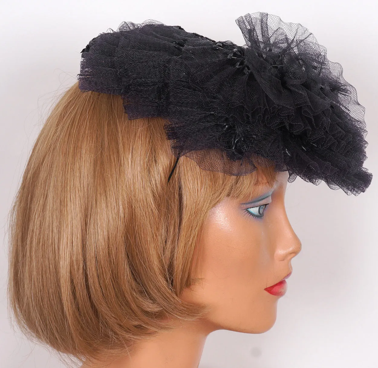 1930s Cocktail Hat by Kathleen New York, Dark Blue-Black Lacquered Straw