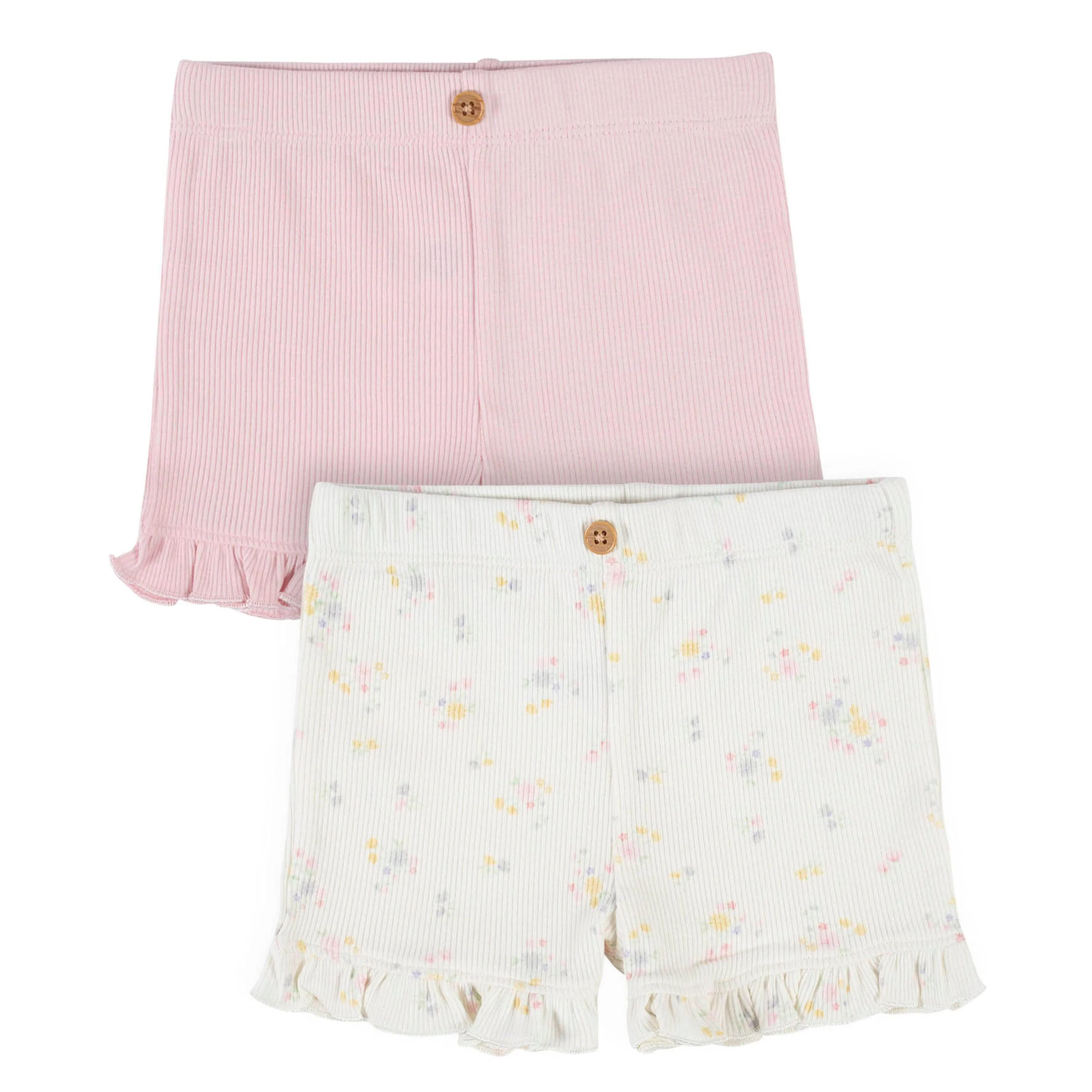 2-Pack Baby Girls Ivory Floral & Pink Shorts