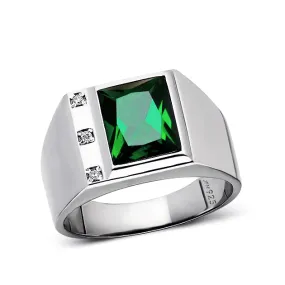 3 Diamond Accents Solid Sterling Silver Men's Gemstone Ring