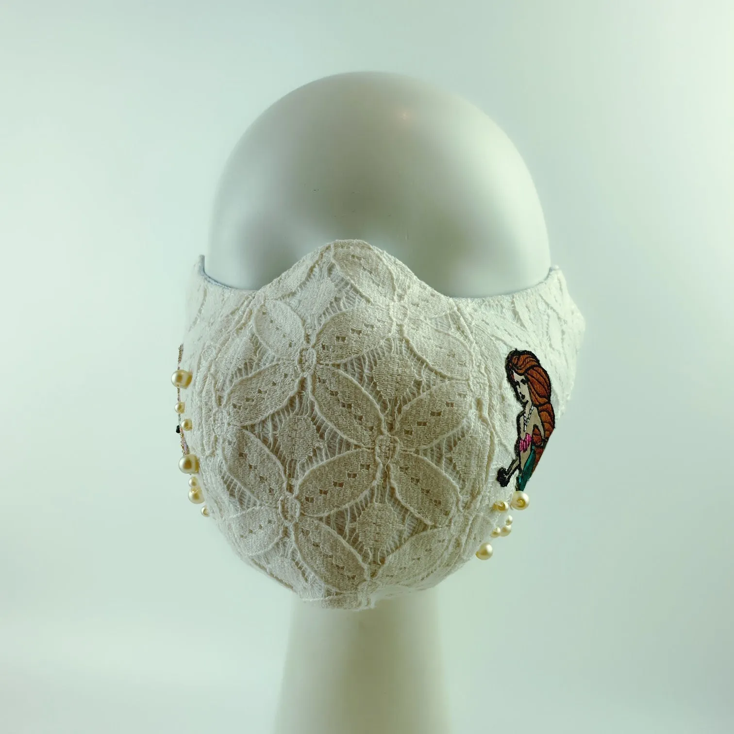 3D Face Mask 4 Protect Mermaid, Fish & Pearls White Lace - L