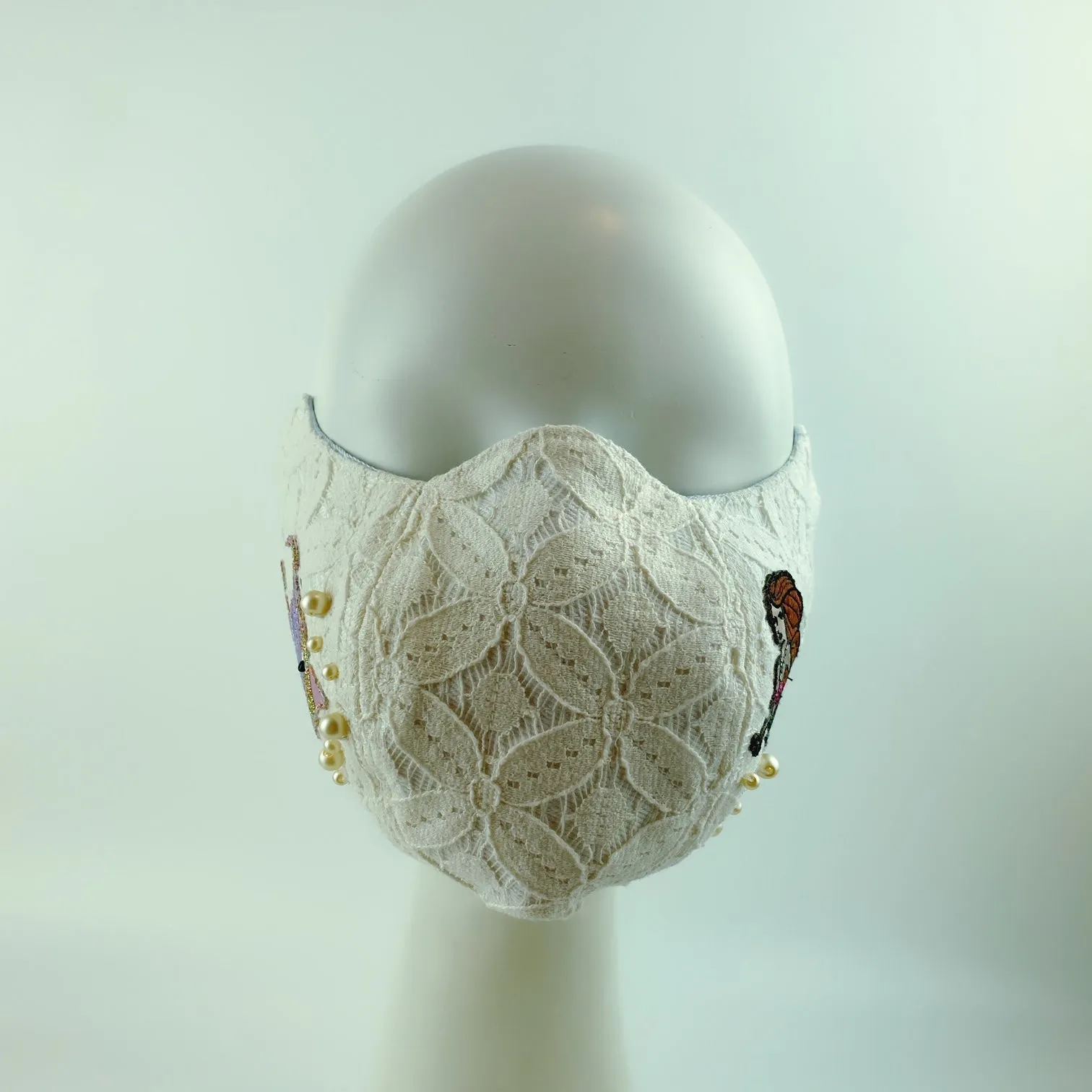 3D Face Mask 4 Protect Mermaid, Fish & Pearls White Lace - L