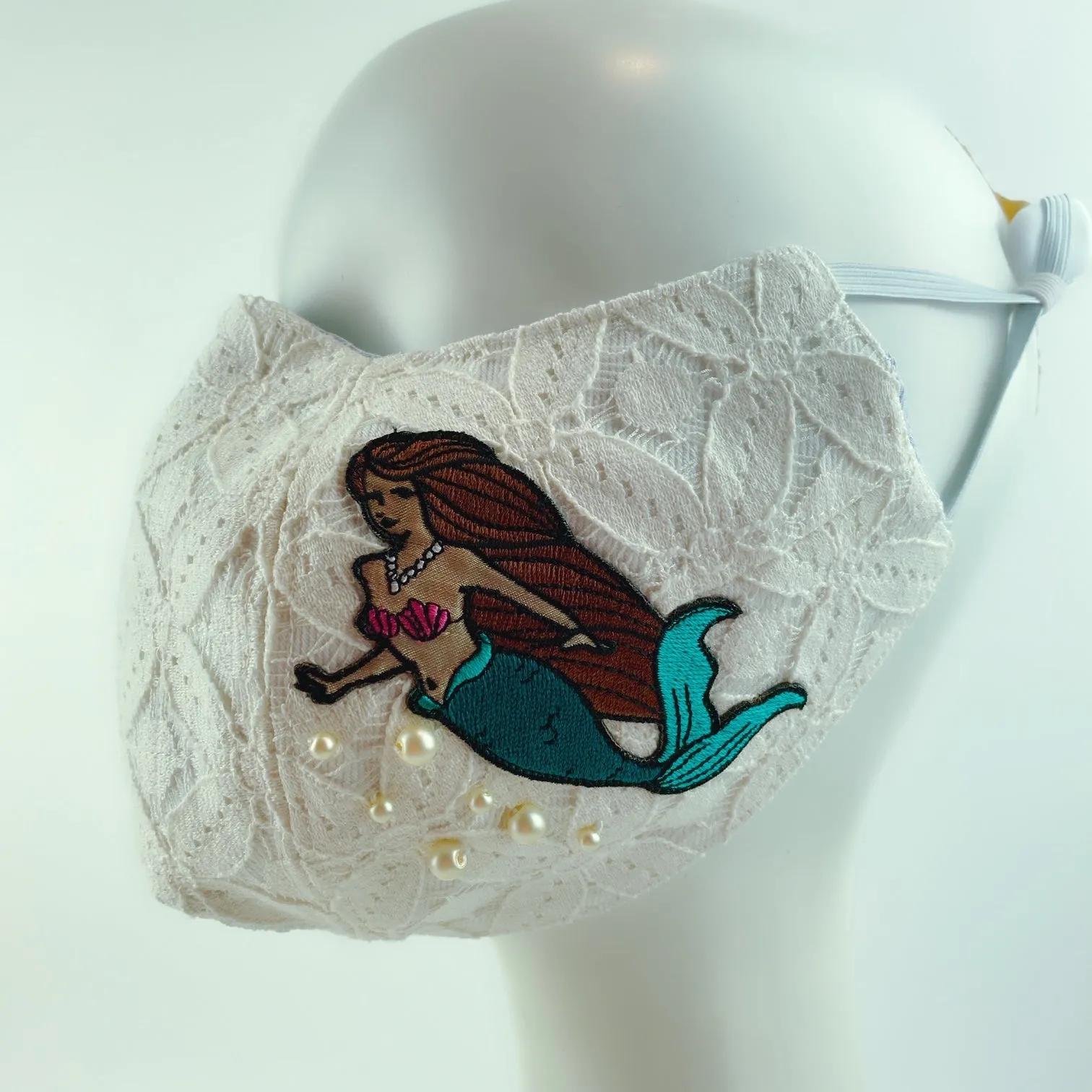 3D Face Mask 4 Protect Mermaid, Fish & Pearls White Lace - L