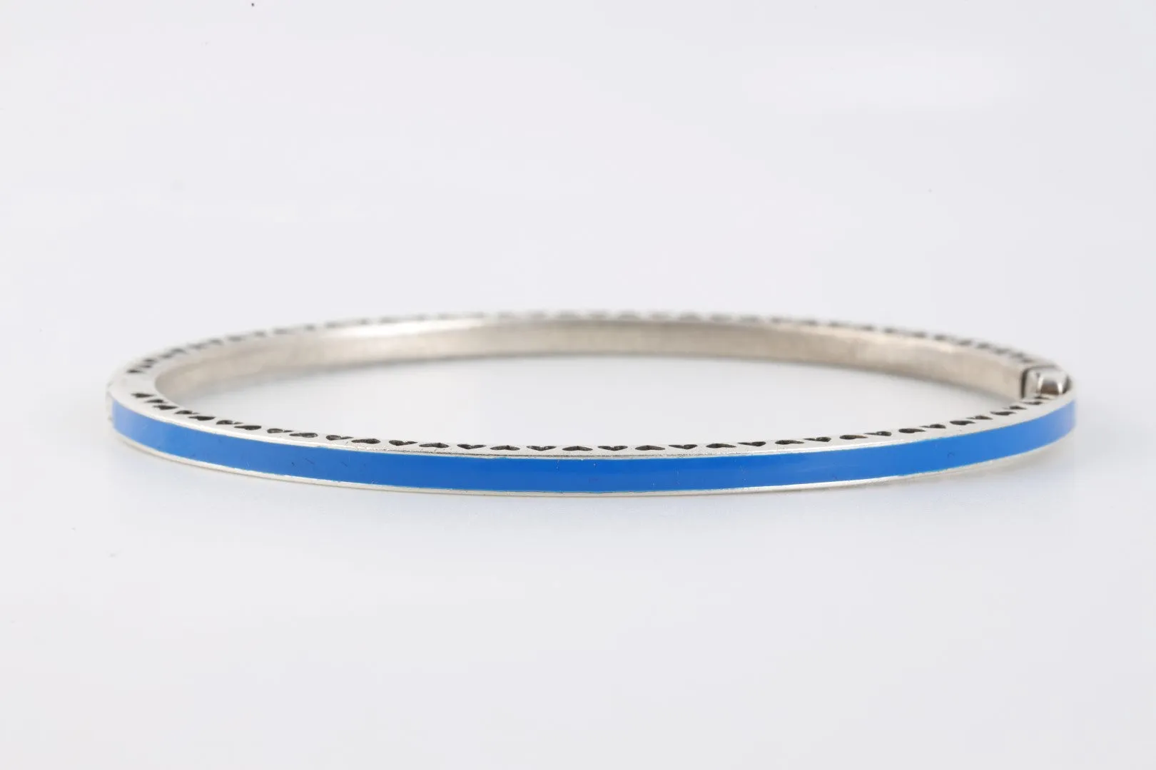 7" Pandora 925 Silver Radiant Hearts C.Z. & Blue Enamel Bangle Bracelet(14.56g.)