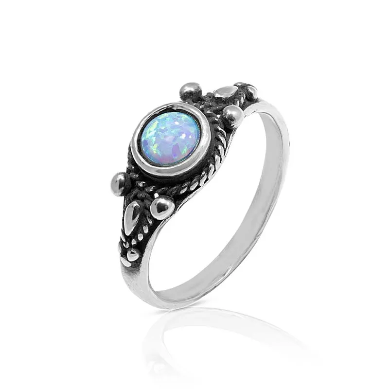 925 Sterling Silver Round Blue Opal 5mm Ring