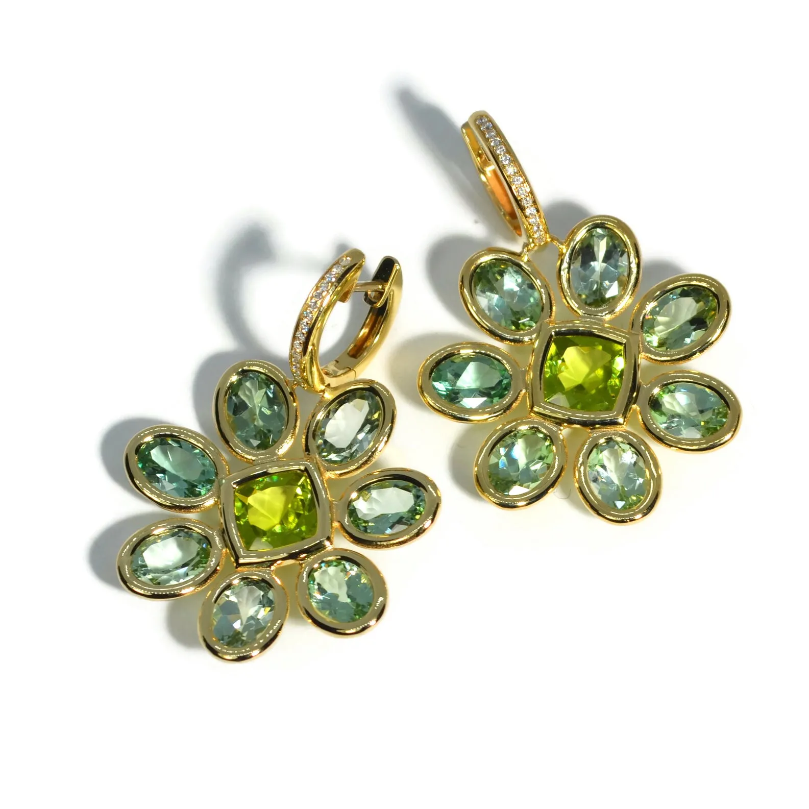 A & Furst - Fiori - Drop Earrings with Mint Tourmaline, Peridot and Diamonds, 18k Yellow Gold