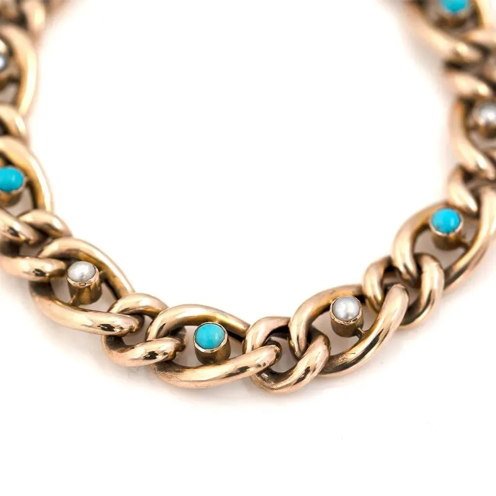 Antique Edwardian 9ct Gold Turquoise Pearl Curb Bracelet