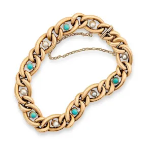 Antique Edwardian 9ct Gold Turquoise Pearl Curb Bracelet