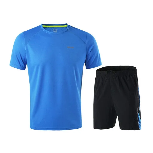 ARSUXEO Summer Men's Running Sets Running T Shirt Running Shorts Training GYM Workout Exercise Jersey Quick Dry Reflective