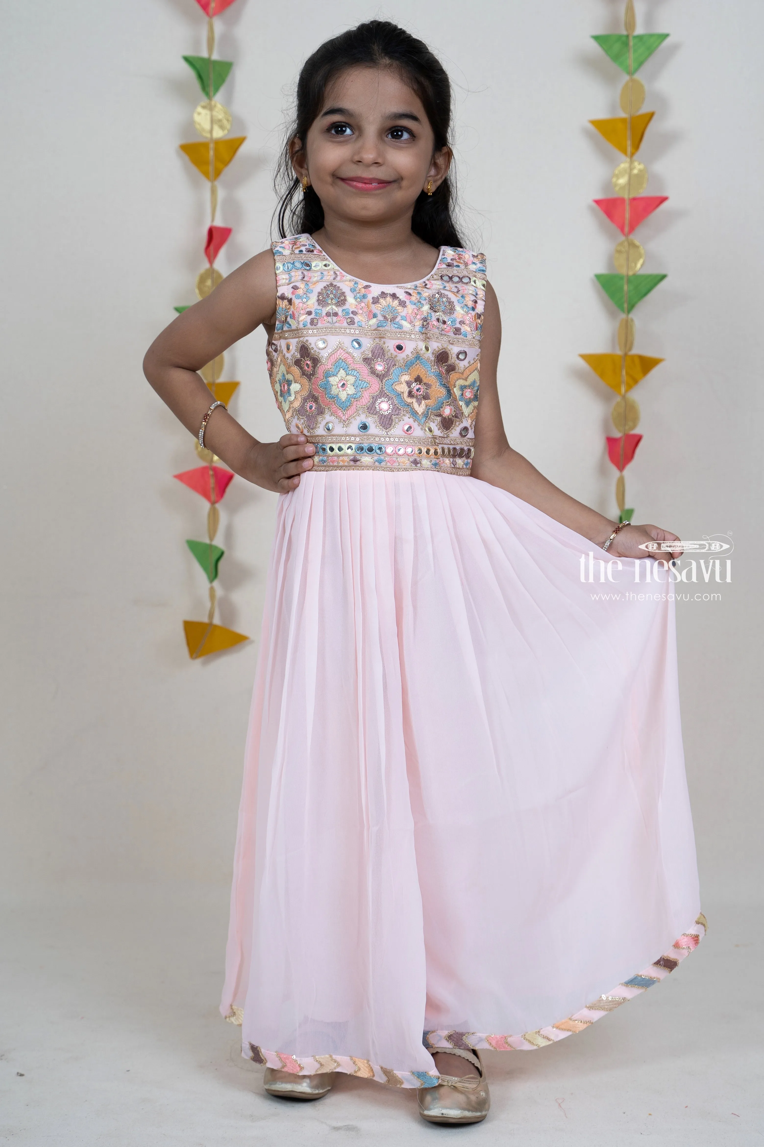 Baby Pink Sequenced Embroider Designer Festive Wear For Girls