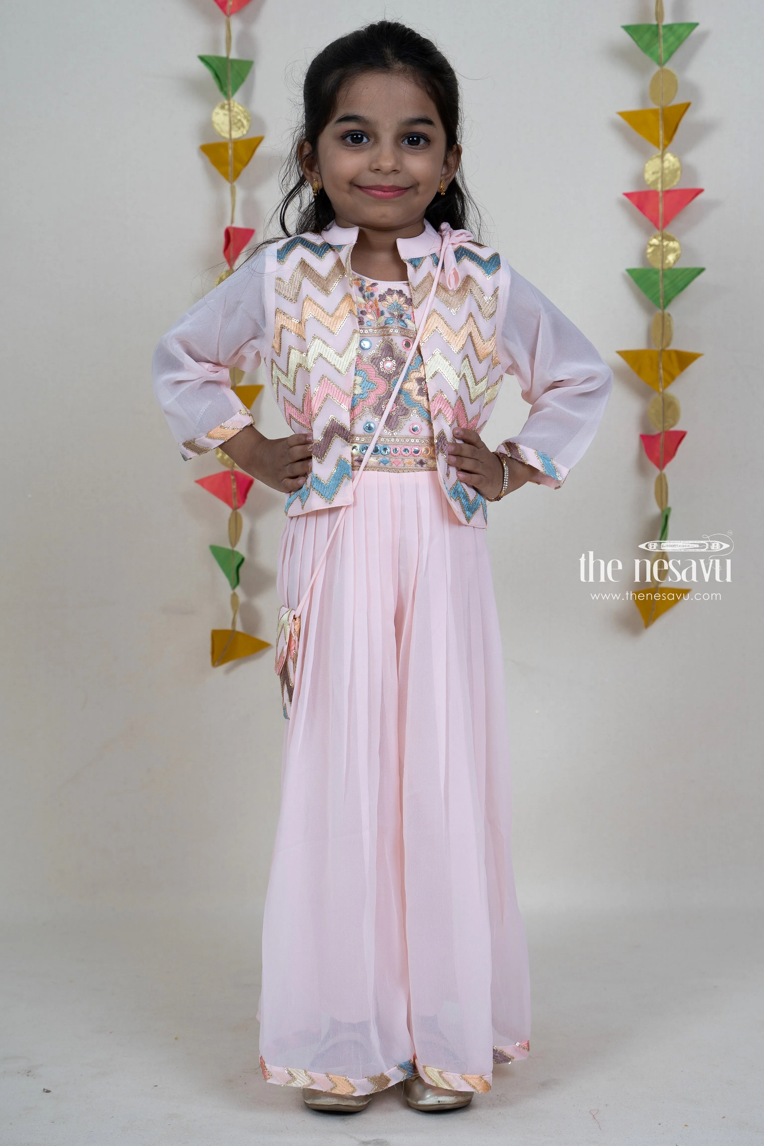 Baby Pink Sequenced Embroider Designer Festive Wear For Girls