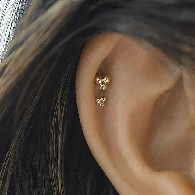 Ball Trinity Earring by Maria Tash in 14K Gold. Butterfly Stud.