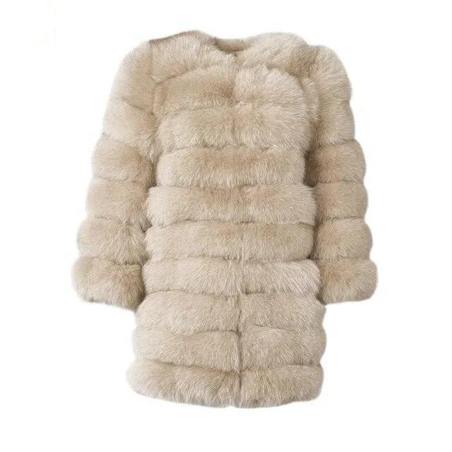 Beige Color Winter Women's Solid Thick Fur Long Detachable Coats & Jackets