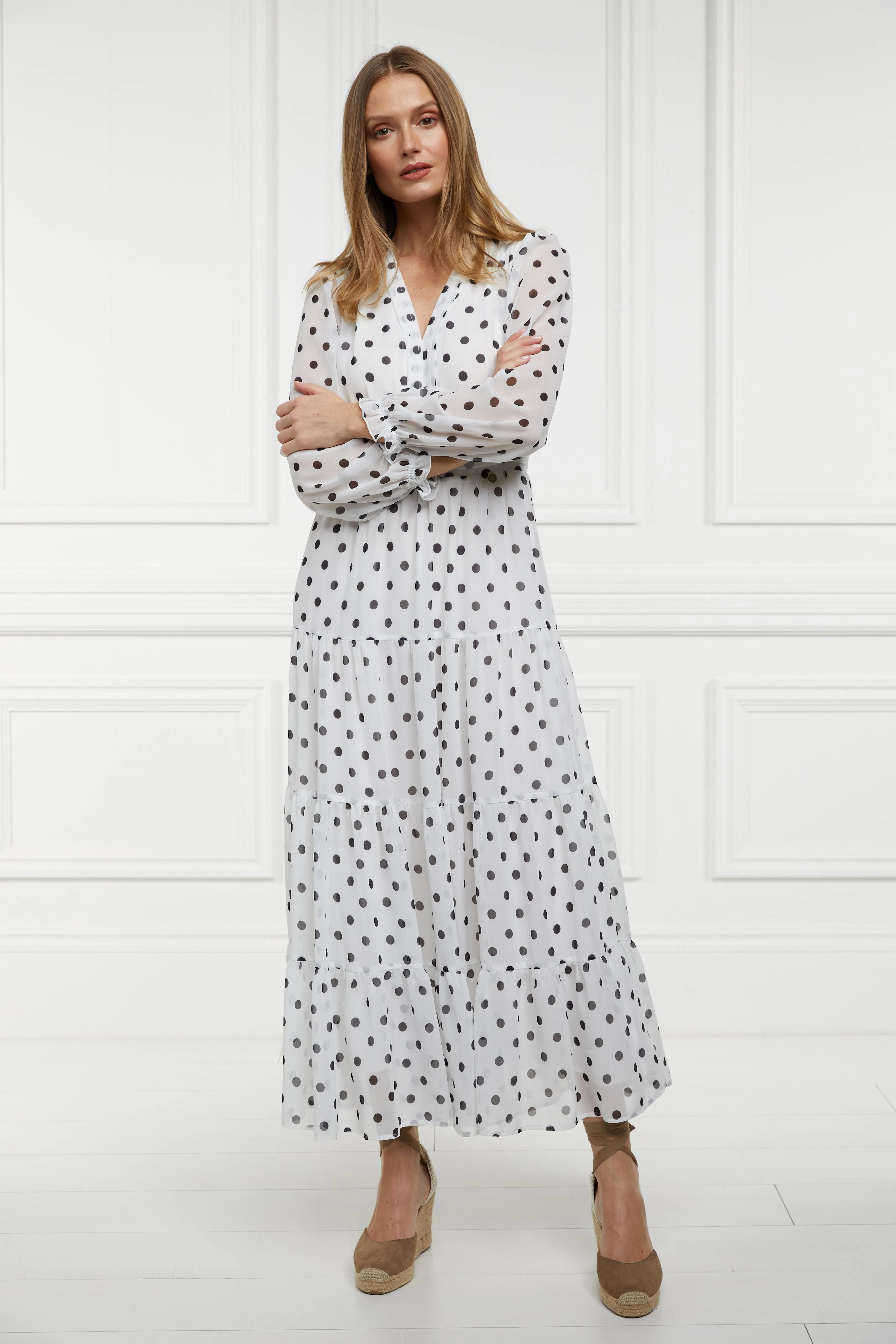 Bella Tiered Maxi Dress (White Black Polka Dot)