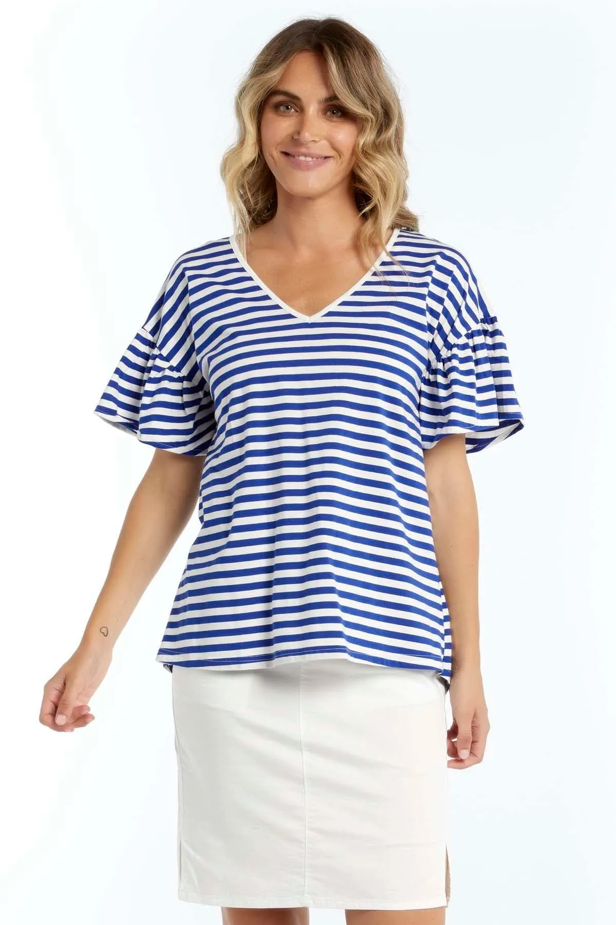 Betty Basics Alessi Frill Top in Iris Blue Stripe