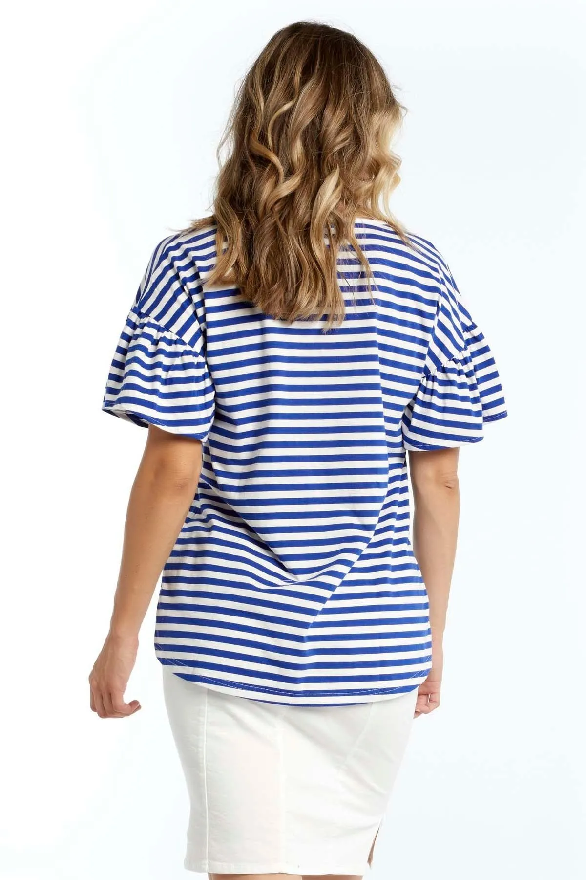 Betty Basics Alessi Frill Top in Iris Blue Stripe