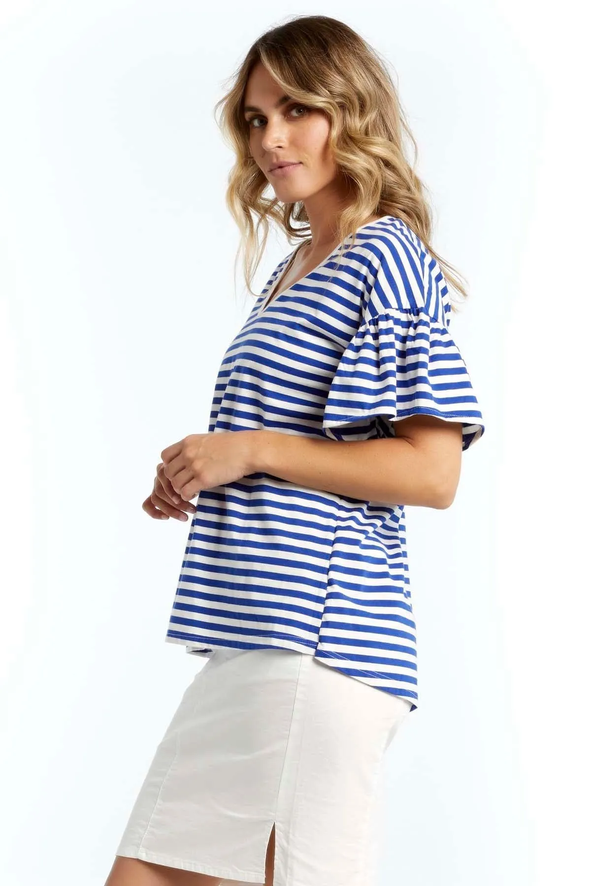 Betty Basics Alessi Frill Top in Iris Blue Stripe