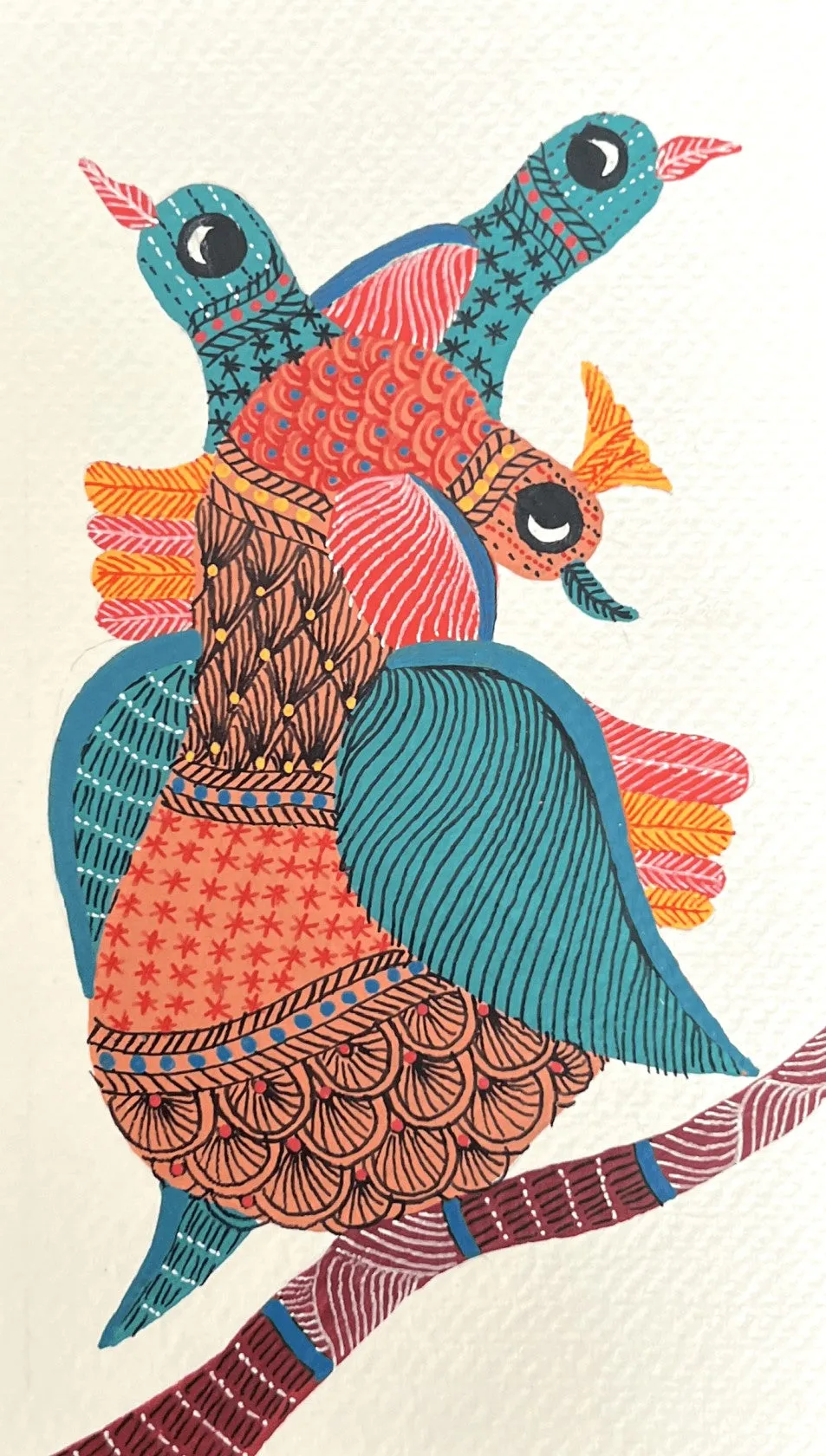 Birds with Peacock In Gond by Kailash Pradhan