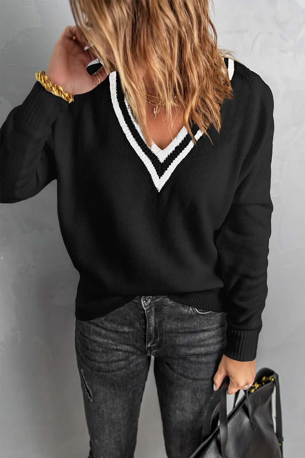 Black Deep V Contrasted Neckline Knit Sweater