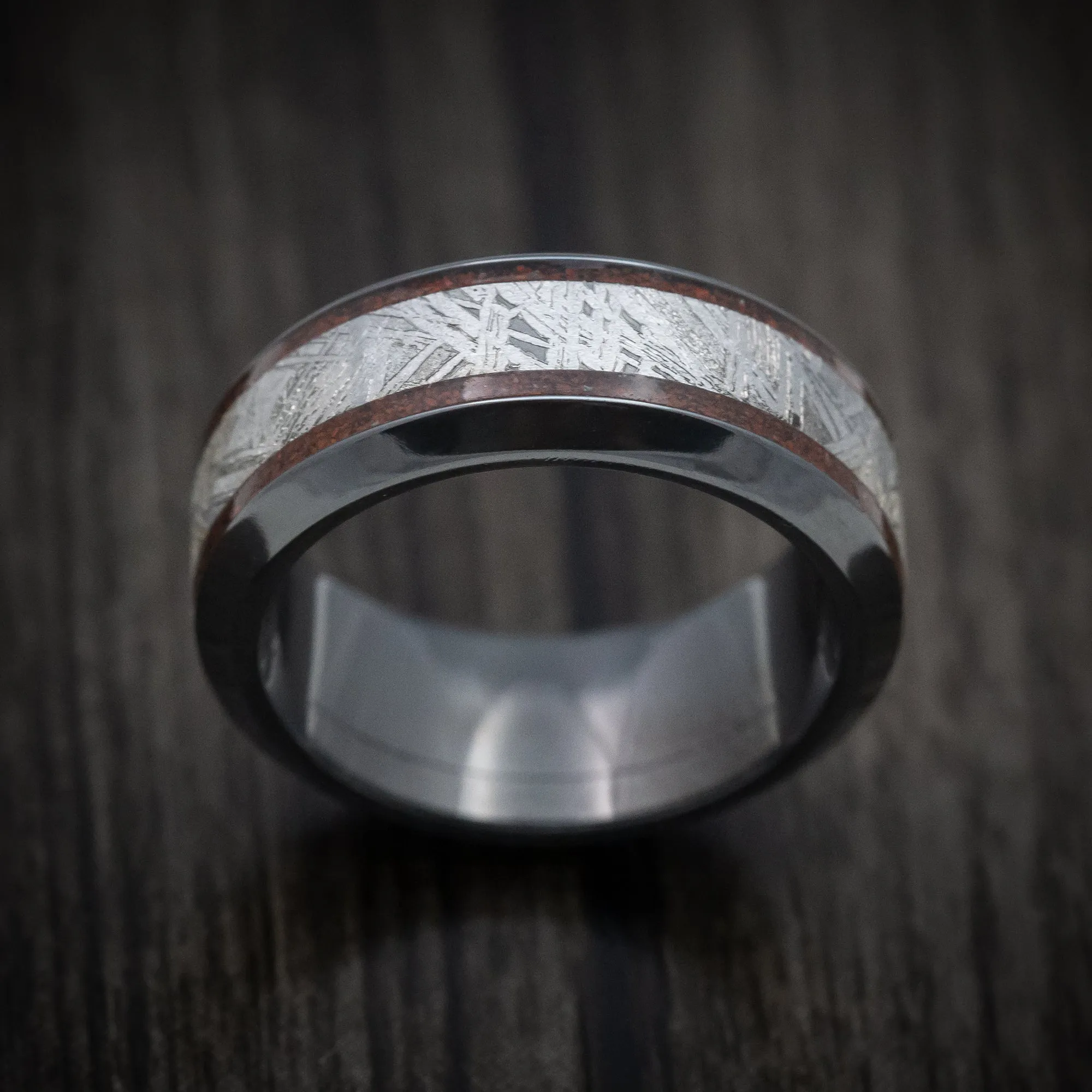 Black Titanium Men's Ring with Dinosaur Bone and Meteorite Inlays Custom Made Band