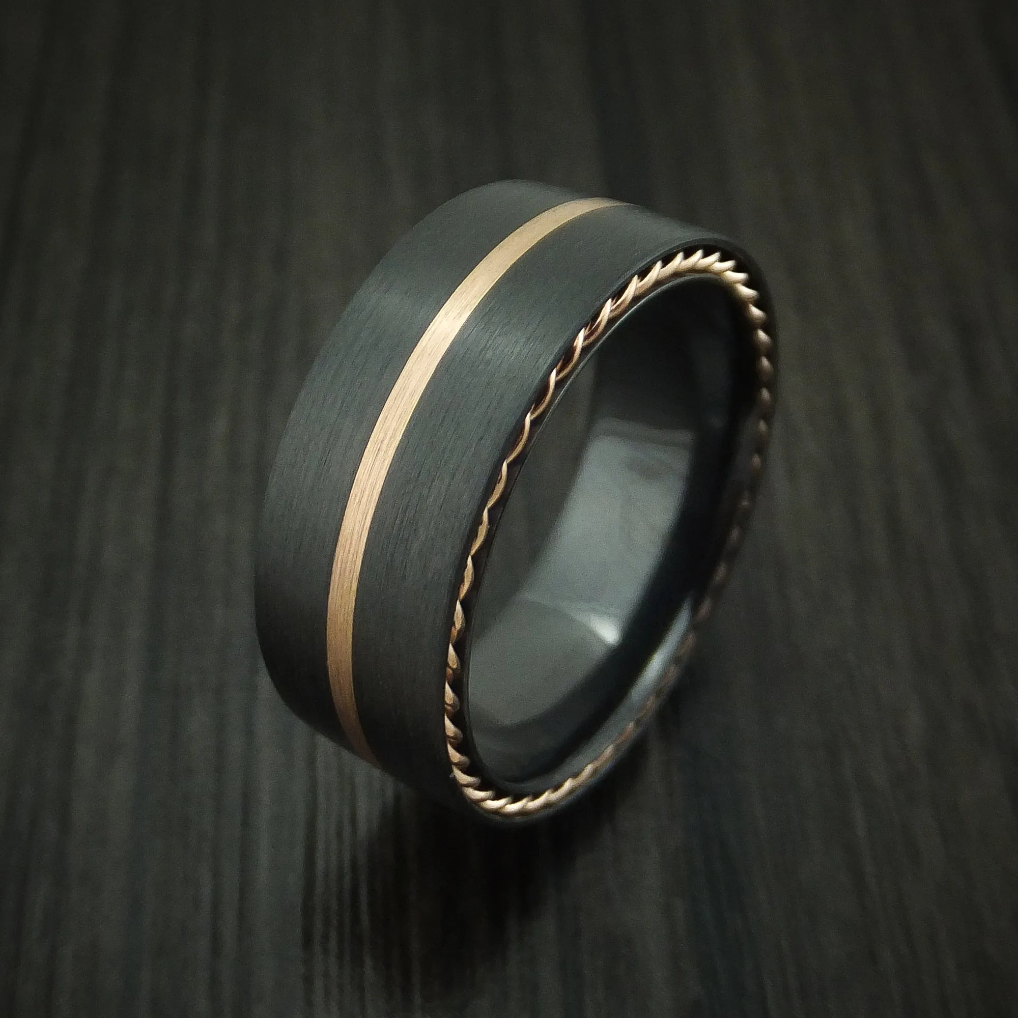 Black Titanium Men's Ring with Gold Inlay and Side Braids Custom Made Band