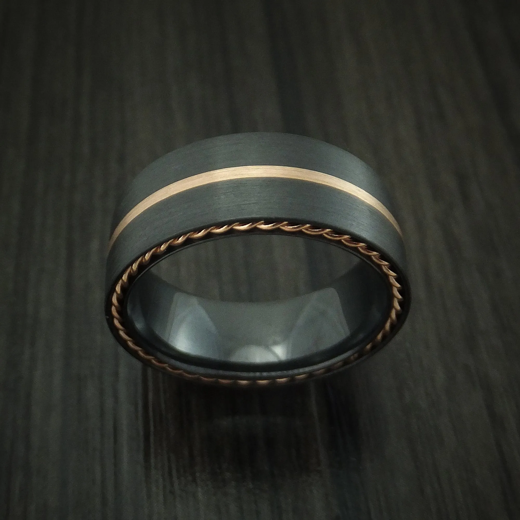 Black Titanium Men's Ring with Gold Inlay and Side Braids Custom Made Band