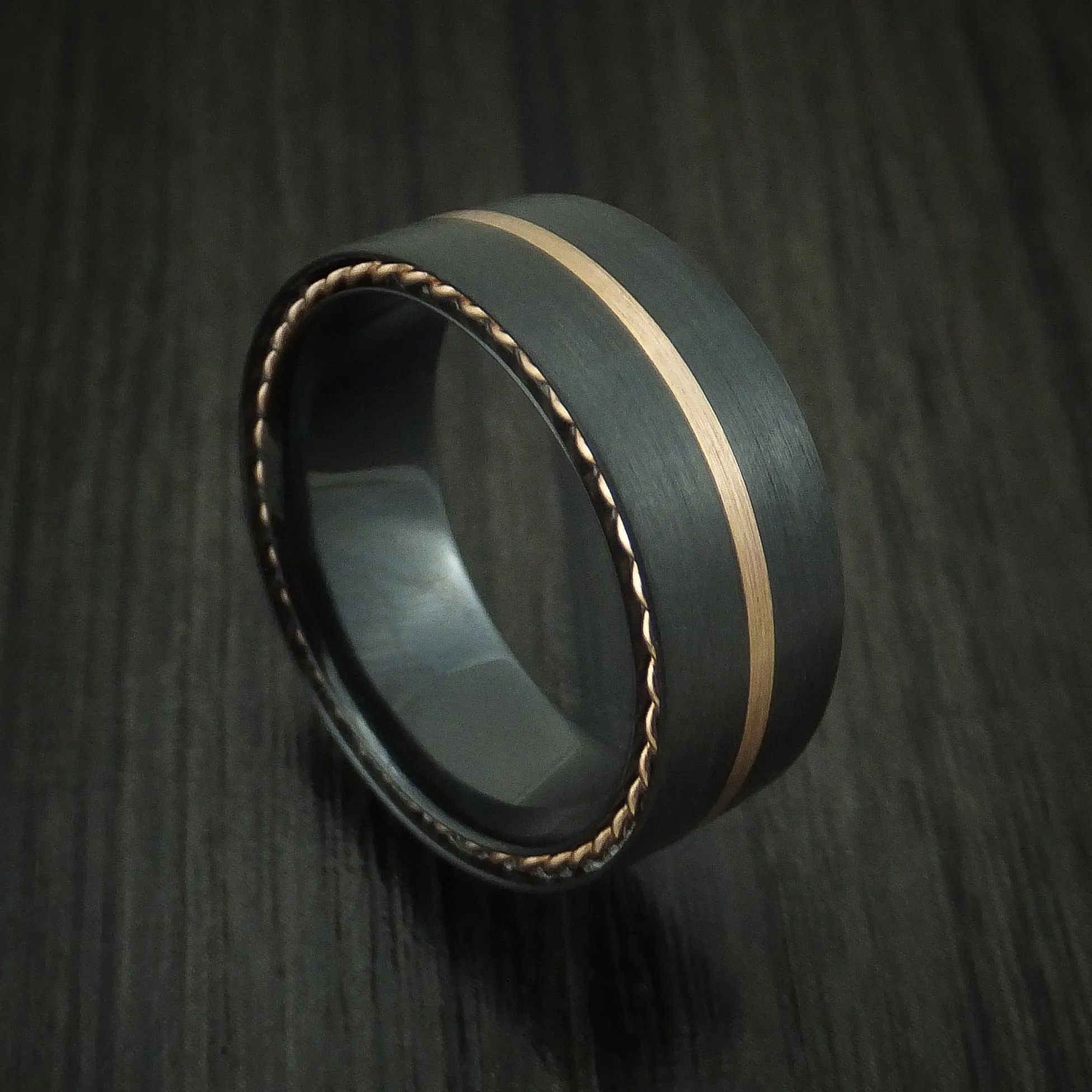 Black Titanium Men's Ring with Gold Inlay and Side Braids Custom Made Band