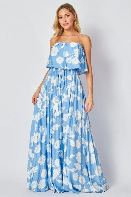 Blue And White Floral Printed Strapless Maxi Dress