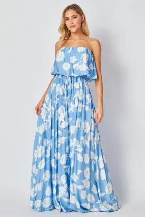 Blue And White Floral Printed Strapless Maxi Dress