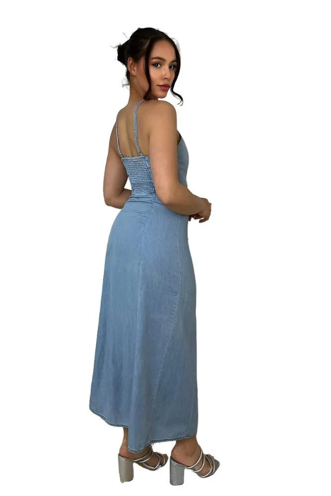 Blue Denim Strappy Peek-a-boo Midi Dress