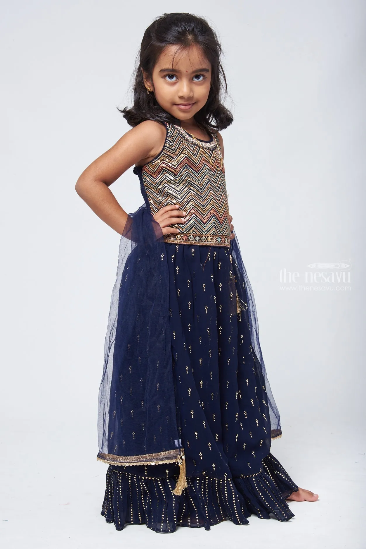 Blue Glitz: Zigzag Sequin Top & Glittery Blue Lengha for Girls