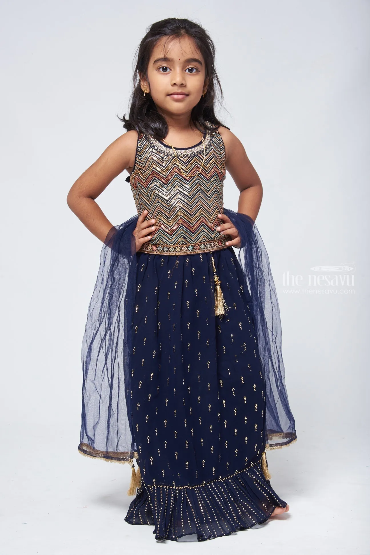 Blue Glitz: Zigzag Sequin Top & Glittery Blue Lengha for Girls