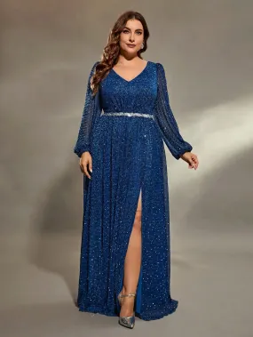 Blue Plus Size Glitter Sequins Long Sleeve Evening Gown