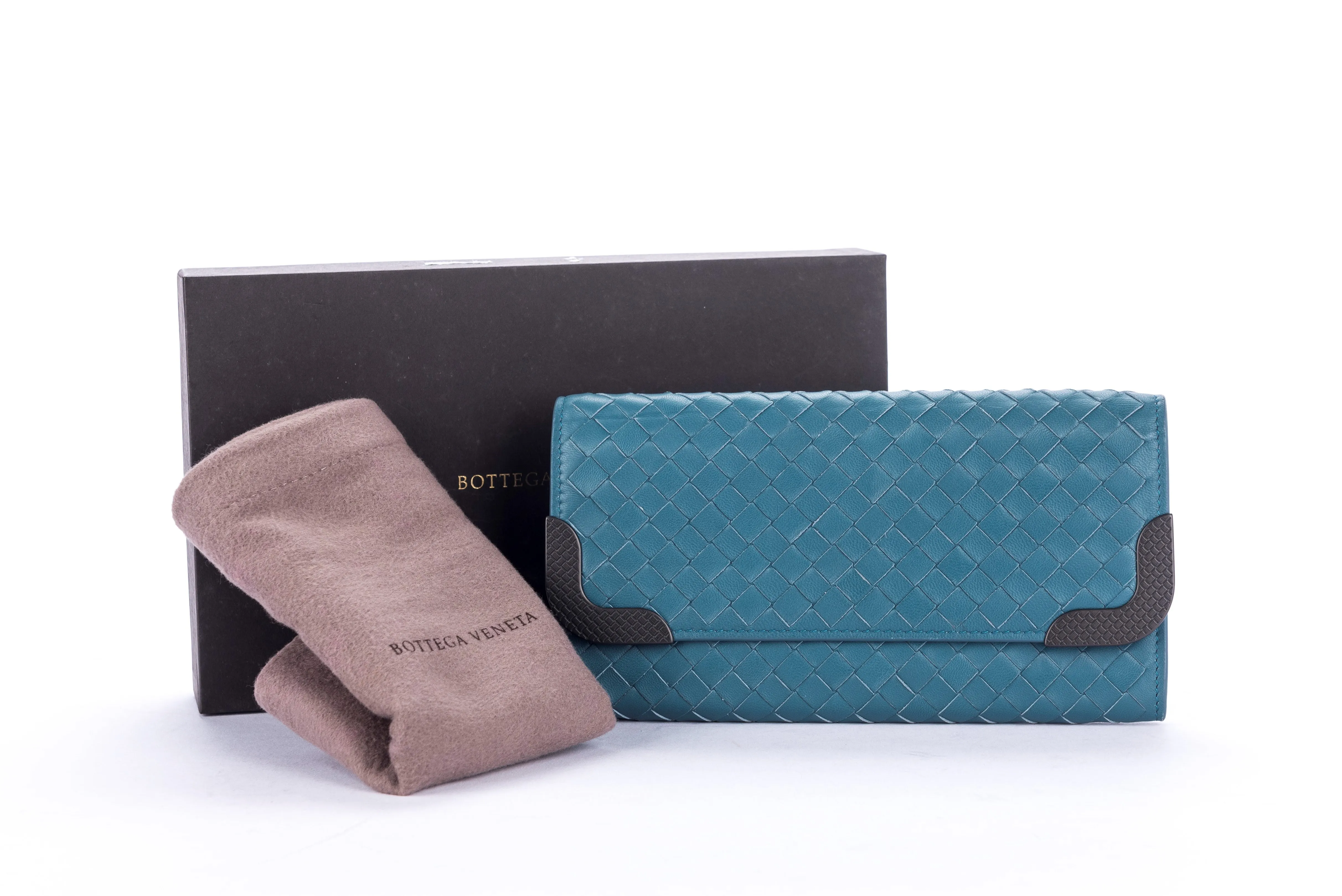 Bottega Veneta Blue Lagoon Weave Leather Wallet with Dust Cover & Box