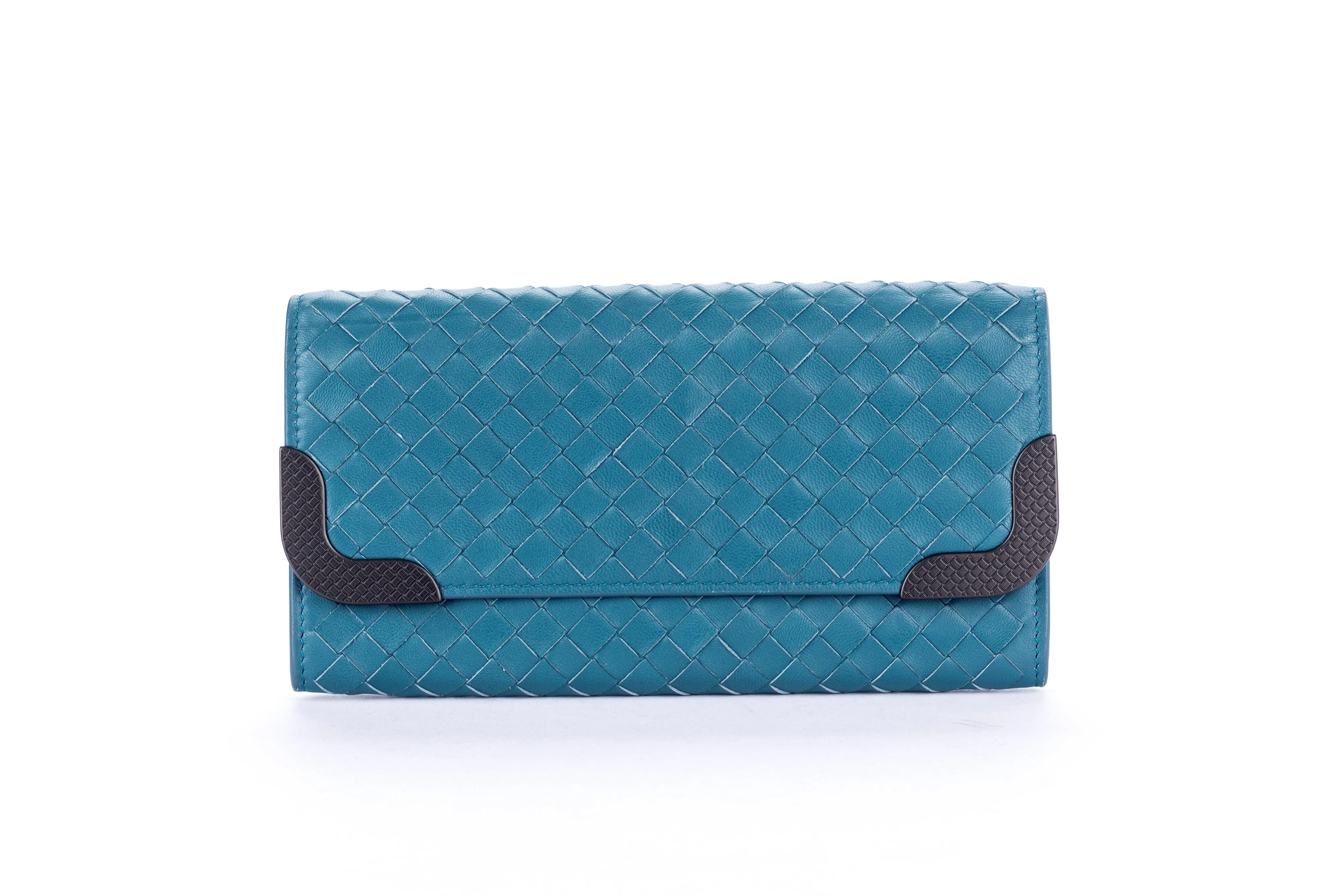 Bottega Veneta Blue Lagoon Weave Leather Wallet with Dust Cover & Box