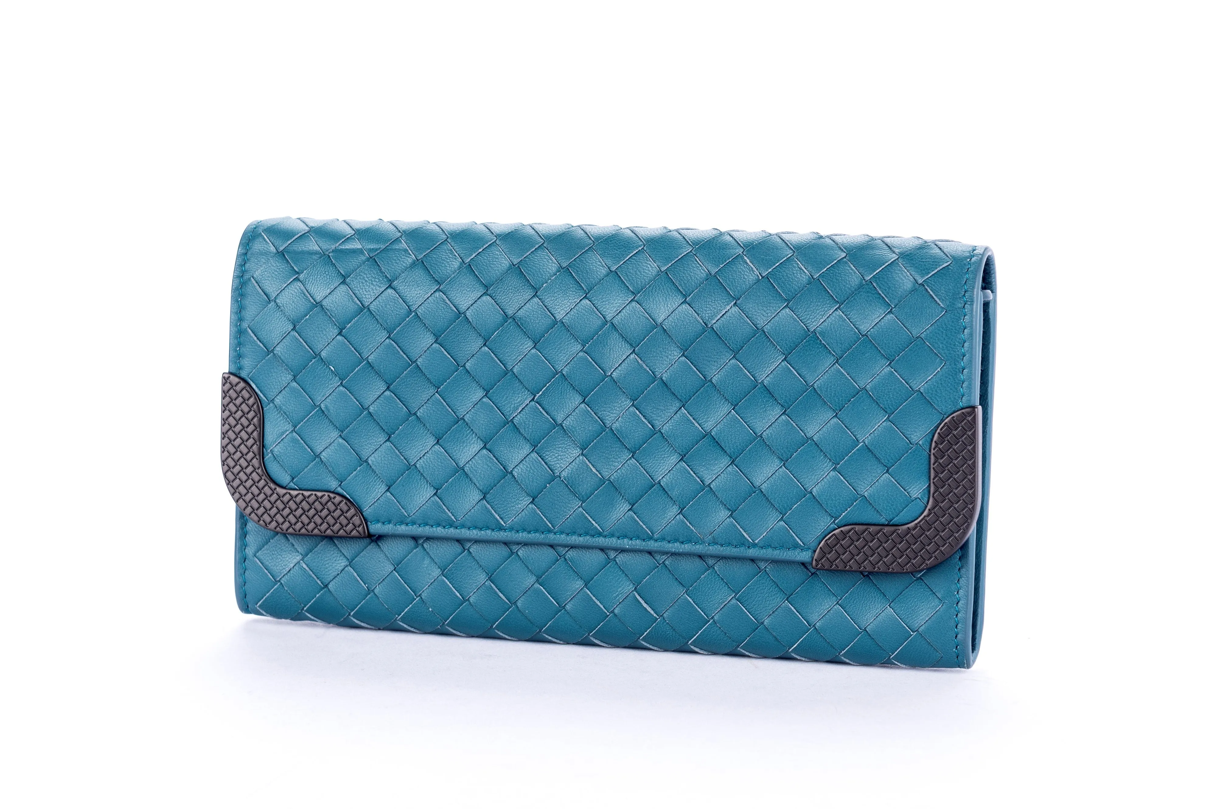 Bottega Veneta Blue Lagoon Weave Leather Wallet with Dust Cover & Box