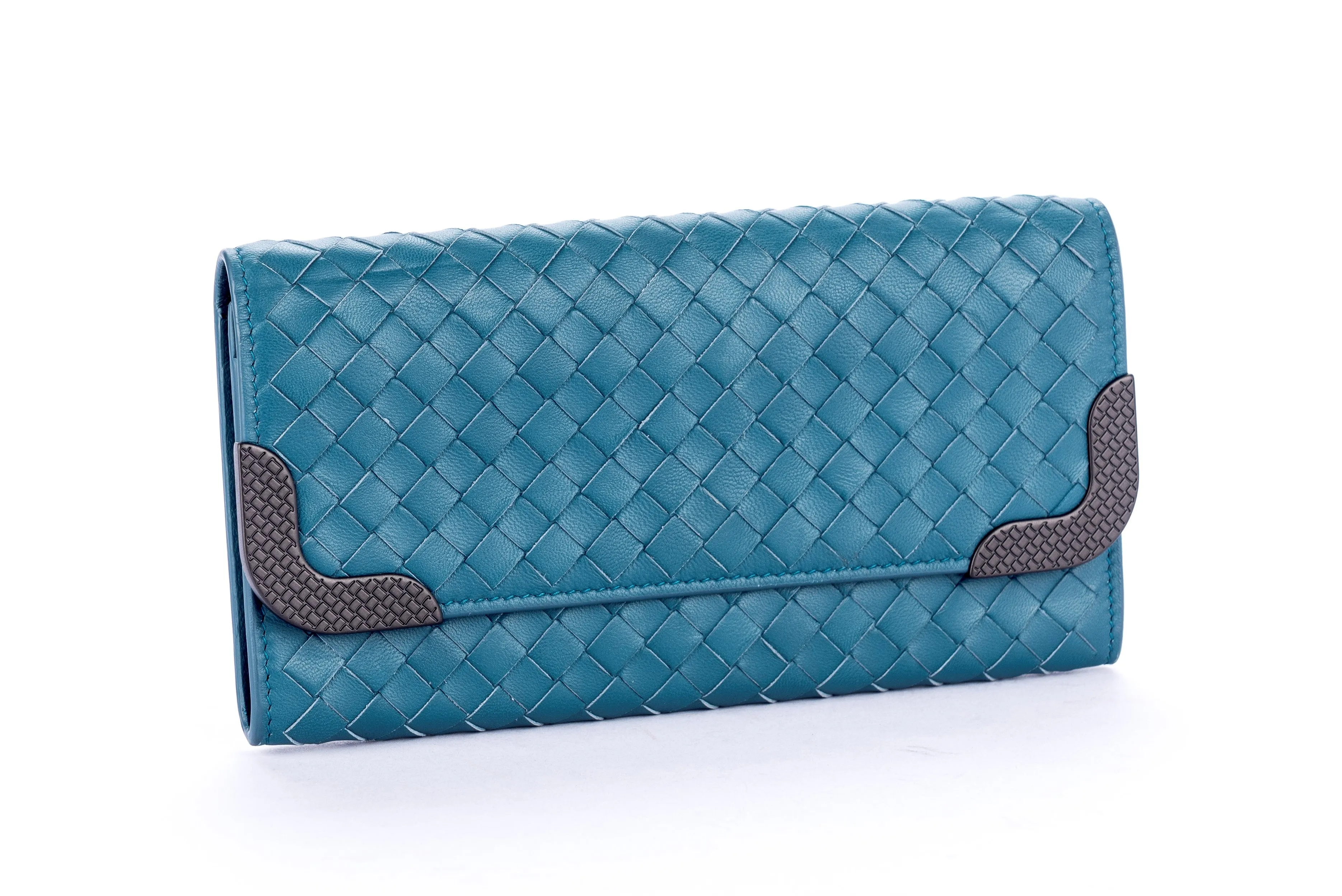 Bottega Veneta Blue Lagoon Weave Leather Wallet with Dust Cover & Box