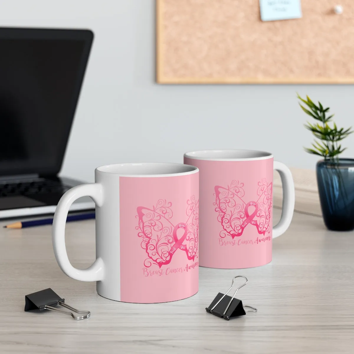 Breast Cancer Awareness Filigree Butterfly (Pink) Mug (11 oz.)(Dual-Sided Design)