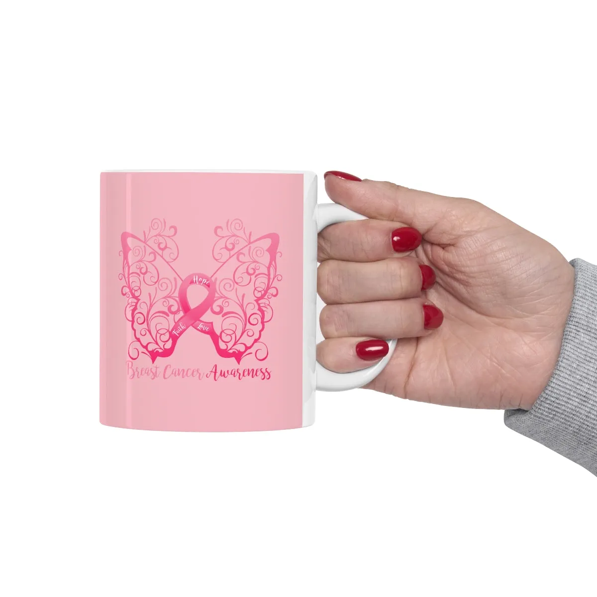 Breast Cancer Awareness Filigree Butterfly (Pink) Mug (11 oz.)(Dual-Sided Design)