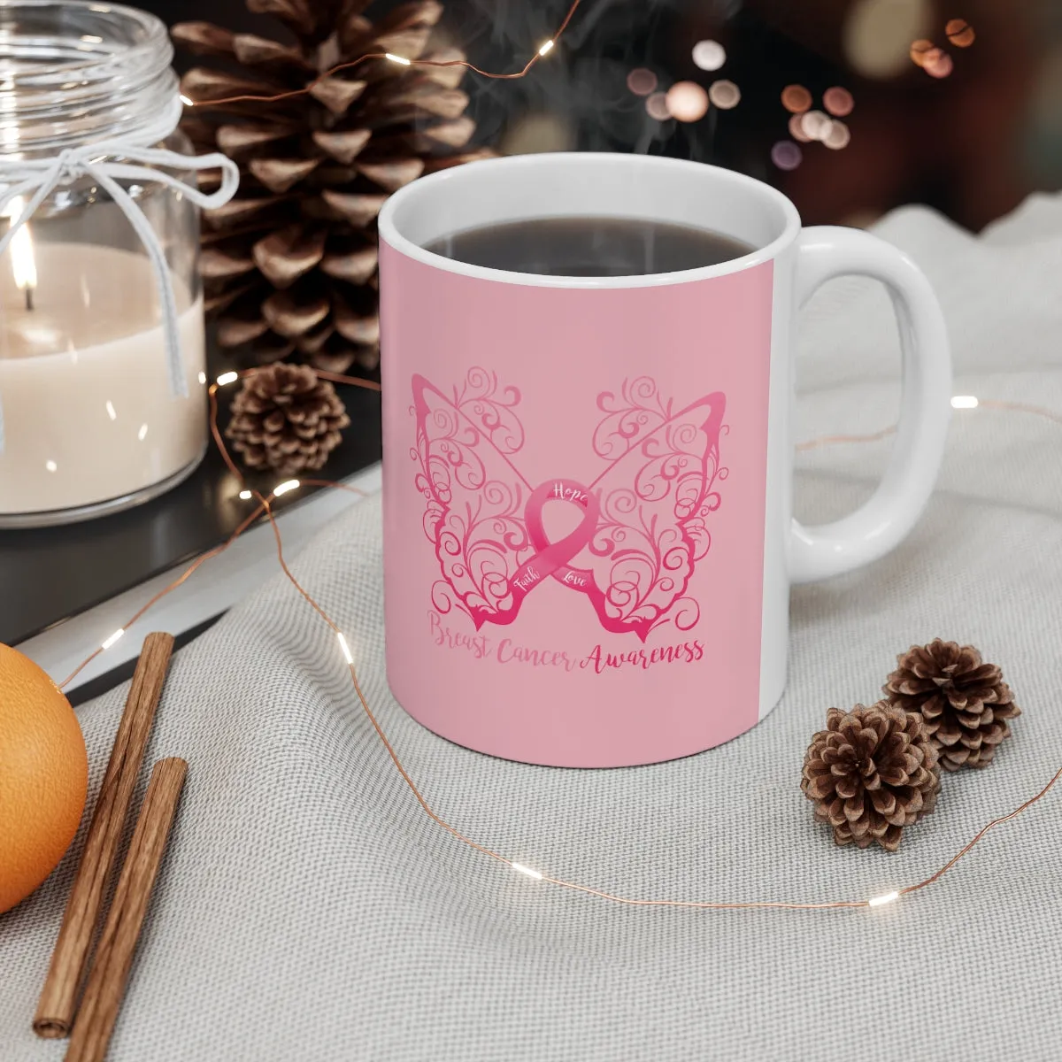 Breast Cancer Awareness Filigree Butterfly (Pink) Mug (11 oz.)(Dual-Sided Design)