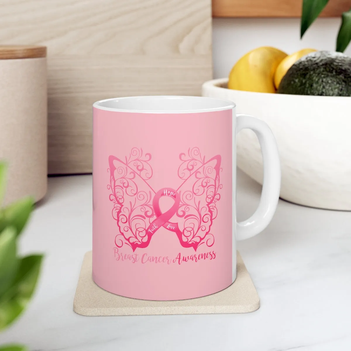 Breast Cancer Awareness Filigree Butterfly (Pink) Mug (11 oz.)(Dual-Sided Design)