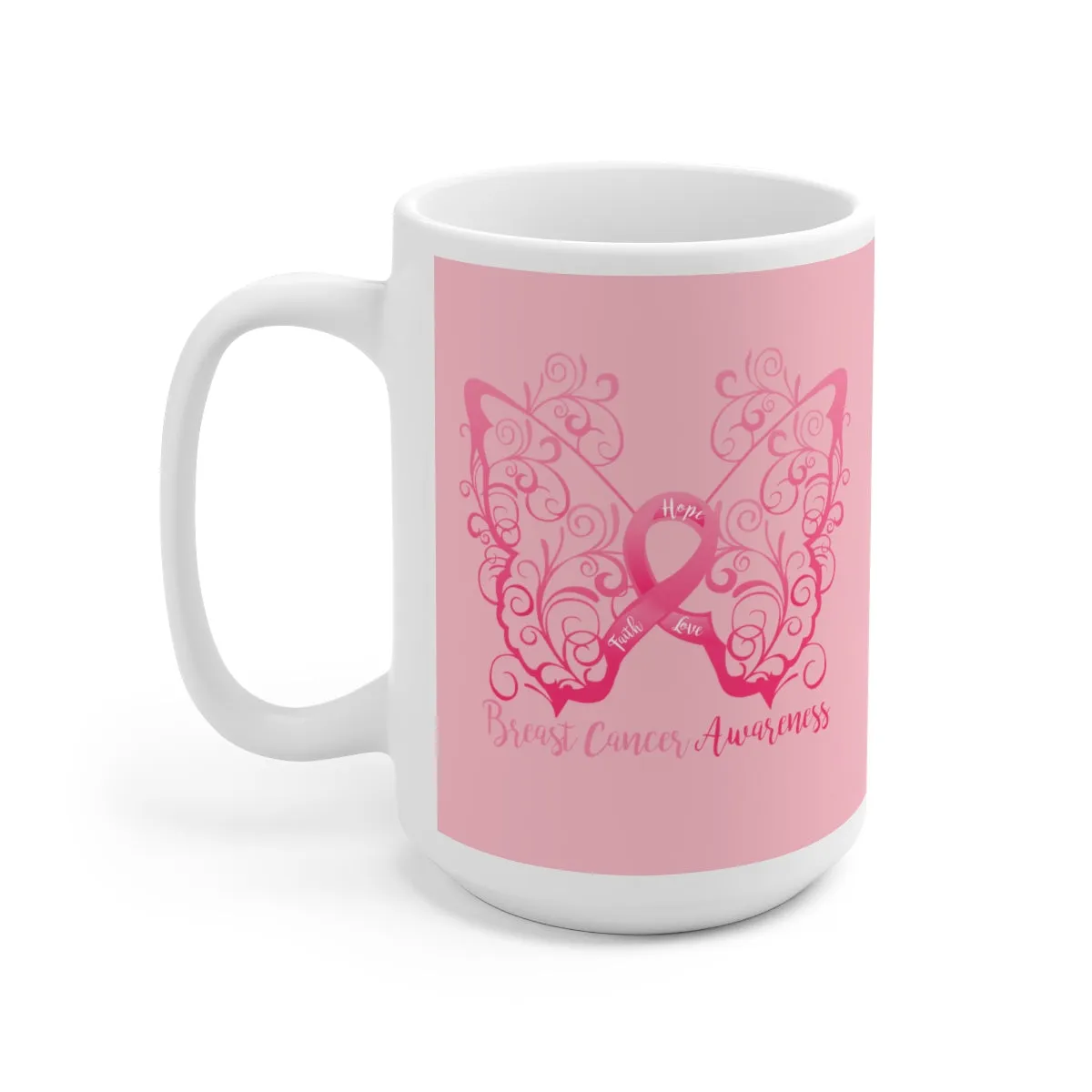 Breast Cancer Awareness Filigree Butterfly (Pink) Mug (15oz) (Dual Sided-Design)