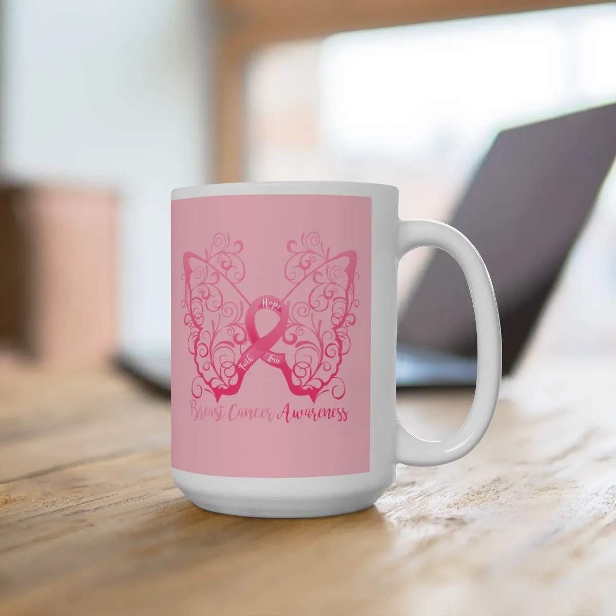 Breast Cancer Awareness Filigree Butterfly (Pink) Mug (15oz) (Dual Sided-Design)