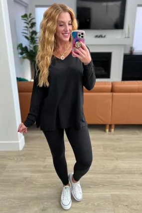 Buttery Soft V-Neck Long Sleeve Loungewear Set in Black