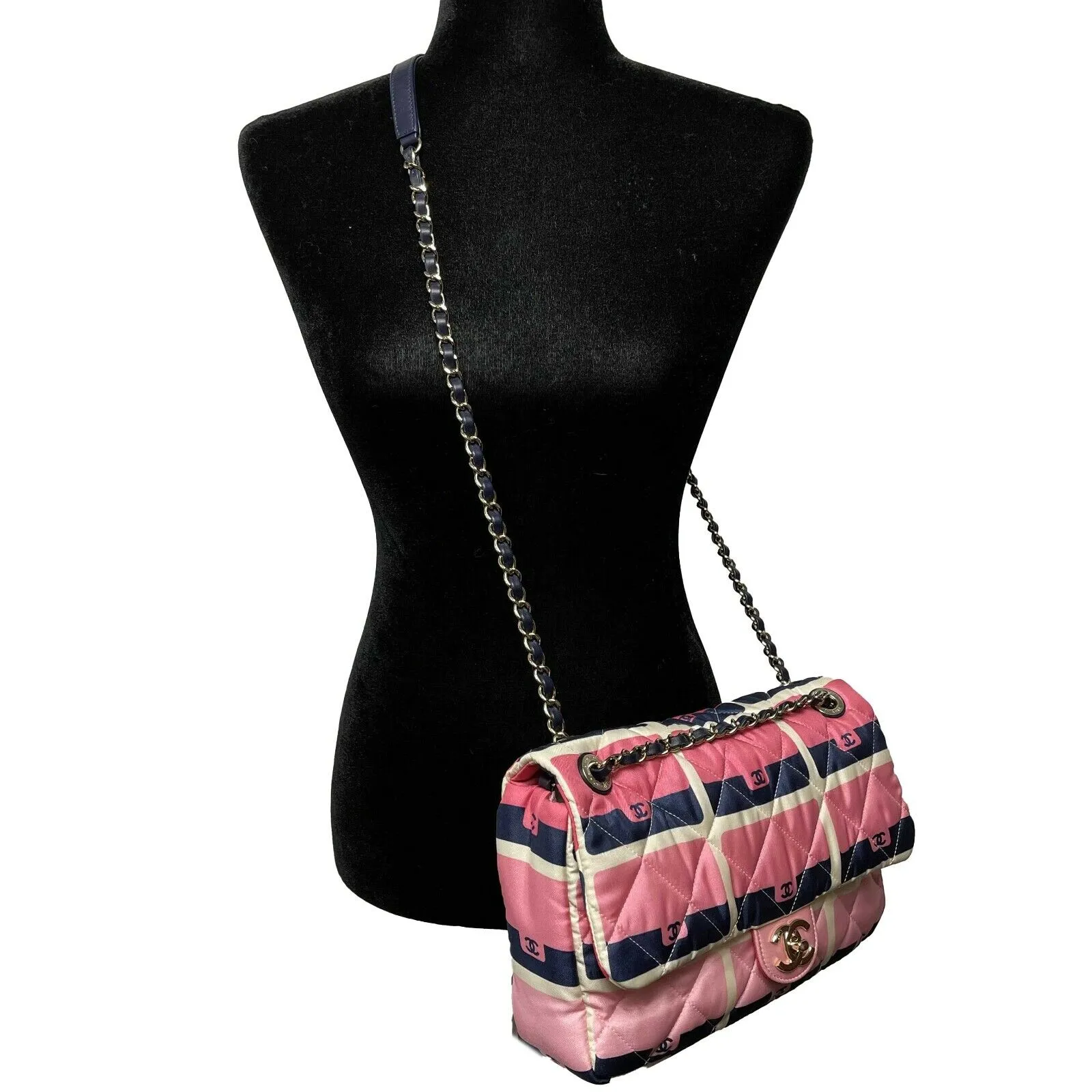 CHANEL 2021 Jumbo Print Graphic Pink Black Quilted Flap Shoulder Bag