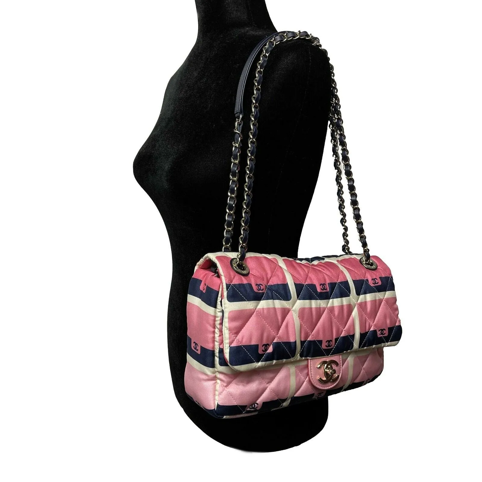 CHANEL 2021 Jumbo Print Graphic Pink Black Quilted Flap Shoulder Bag