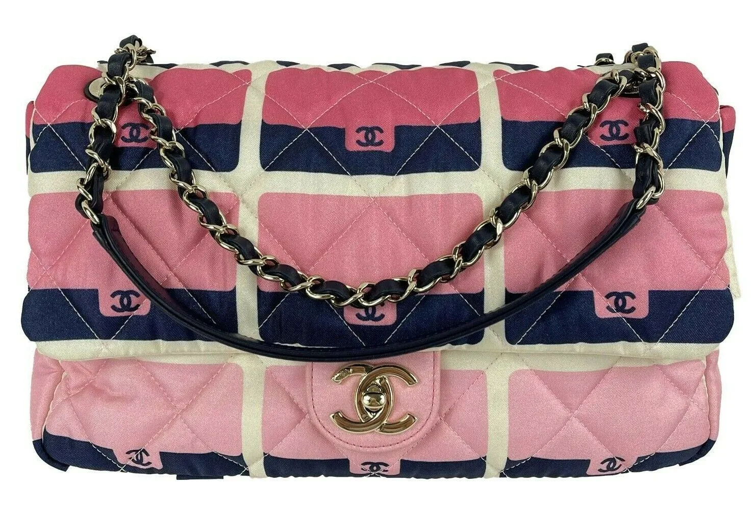 CHANEL 2021 Jumbo Print Graphic Pink Black Quilted Flap Shoulder Bag