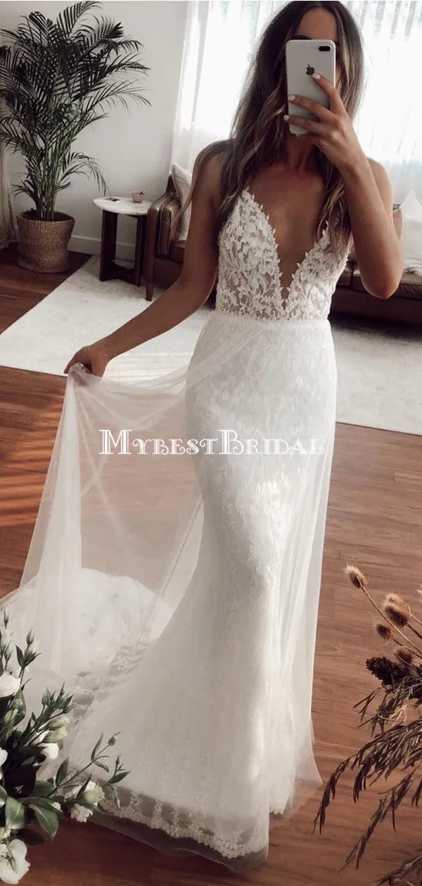 Charming Spaghetti Strap V-neck Lace Mermaid Long Cheap Wedding Dresses, WDS0059