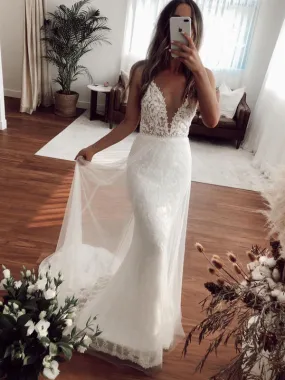 Charming Spaghetti Strap V-neck Lace Mermaid Long Cheap Wedding Dresses, WDS0059